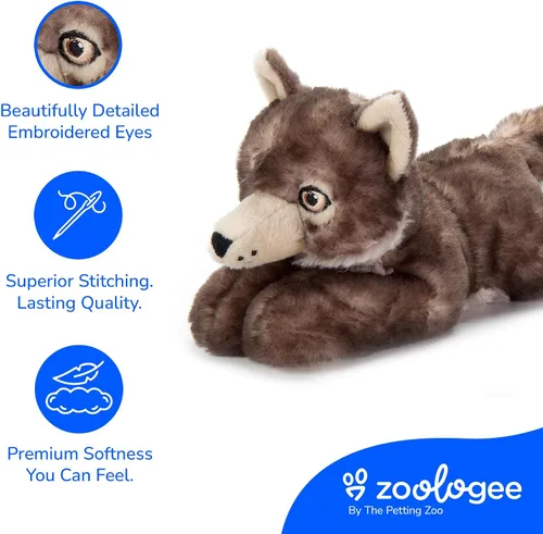 Vista 4 de The Petting Zoo Peluche de lobo de madera, regalos para niños, animales de vida silvestre Earth Keeperz, juguete de peluche de lobo de madera marrón