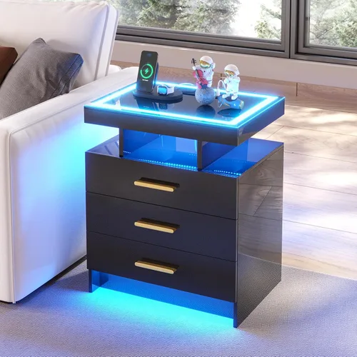 Vista 8 de HNEBC Mesita de noche negra con 3 cajones y estación de carga inalámbrica y negro (91016-1pcs-Black)