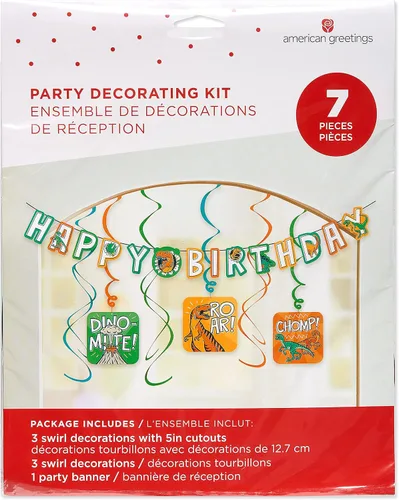 Vista 2 de American Greetings Suministros para fiestas de cumpleaños de dinosaurios, kit de pancarta (7 piezas)