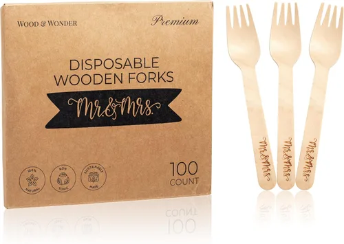 Vista 3 de Platos y tenedores de madera desechables Mr. and Mrs