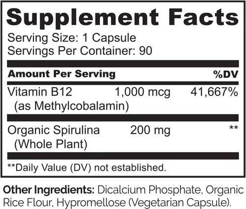 Vista 3 de NATURELO B12 vegano - Metil B12 con espirulina orgánica - Vitamina B12 de alta potencia 1000 mcg metilcobalamina - Apoya el estado de ánimo