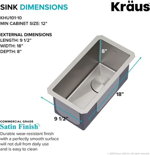 Vista 4 de Kraus Standart PRO - Fregadero de cocina de montaje inferior con tazón individual para bar de acero inoxidable, calibre 16, 10 pulgadas, KHU101-10