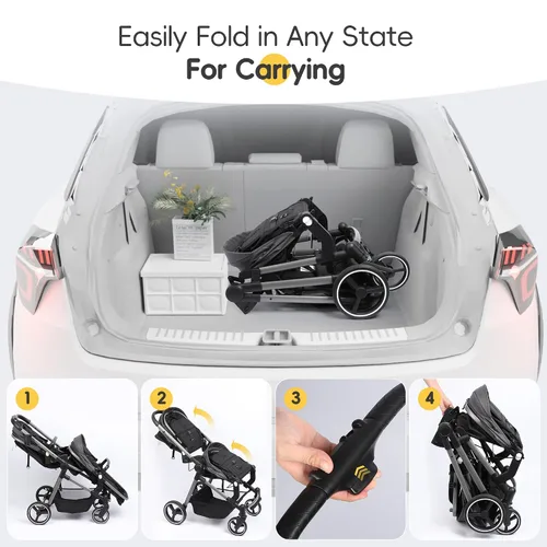 Vista 7 de MU Cochecito doble, cochecito plegable en tándem doble con respaldo ajustable, asiento reversible, arnés de 5 puntos, canasta de almacenamiento Gris