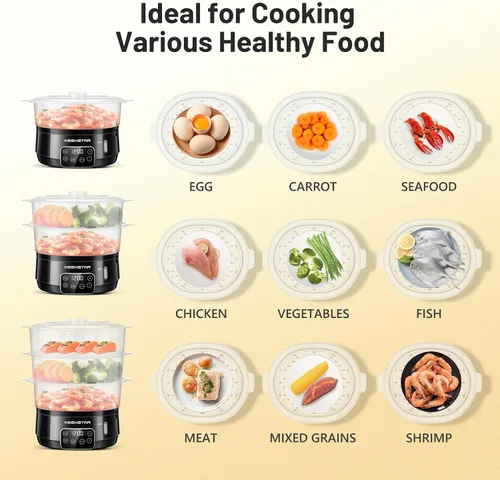 Vista 4 de Vaporizador Eléctrico de 13.7QT para Cocinar, Vaporizador de Vegetales con 3 Niveles Libres de BPA, Vaporizador Digital con Programa, 800W de Cocina