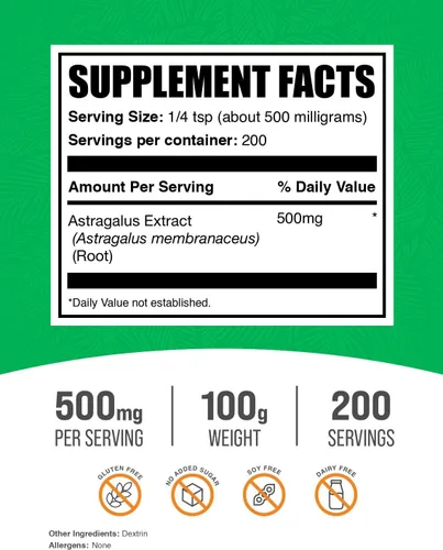 Vista 2 de BulkSupplements. com Polvo de extracto de astrágalo – Polvo de raíz de astrágalo, suplemento herbario – vegano y sin gluten, 500 mg por porción, 100