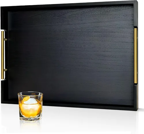 Vista 7 de Bandeja de madera de acacia de 22 pulgadas con asas de metal, bandeja otomana rectangular grande de madera, diseño decorativo y duradero para sala