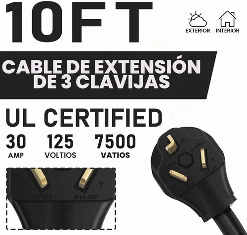 Vista 5 de Cable de extensión para secadora de 3 clavijas de 10 pies, 30 amperios Cable de extensión EV con certificación ETL para extensión de alimentación