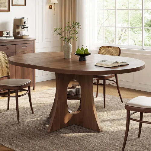 Vista 7 de Mesa de comedor redonda para 4, mesa de comedor de madera, mesa de cocina circular para el hogar, comedor, cocina, sala de estar (marrón nogal)