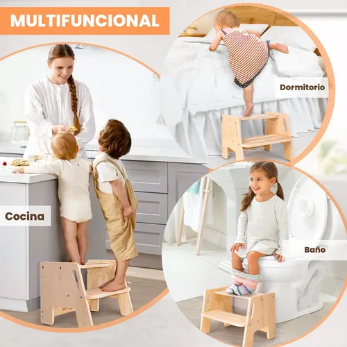 Vista 6 de Taburete para niños pequeños, taburete de madera ajustable en altura de 2 pasos para niños, taburete para entrenamiento del orinal con asas