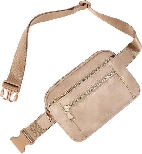 Vista 6 de Telena Riñoneras para mujer, bolso cruzado de cuero, bolso de cintura de moda con correa ajustable, Marrón claro