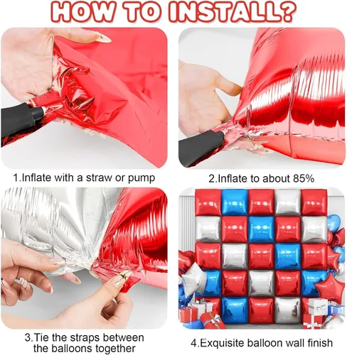 Vista 8 de Globos de aluminio cuadrados rojos, azules y plateados, kit de 25 globos de doble cara para fondo, túnel de helio, arco, guirnalda para el 4 de Rojo