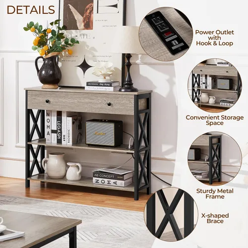 Vista 9 de Yaheetech Soporte de TV con tomas de corriente, centro de entretenimiento con cajón, mesa consola multimedia para TV de hasta 45 pulgadas con Gris