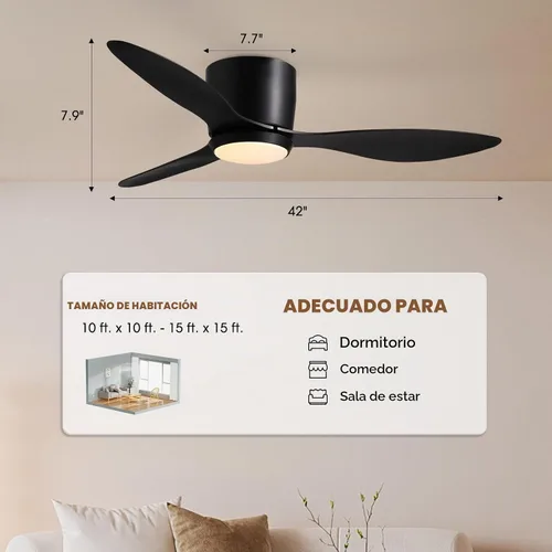 Vista 8 de Ventiladores de techo con luces, ventilador de techo de perfil bajo de 42 pulgadas con control de pared y control remoto, regulable, ventilador