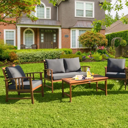 Vista 2 de Tangkula - Juego de muebles de madera de 4 piezas para patio o exteriores, banco, mesa y dos sillas, con cojines