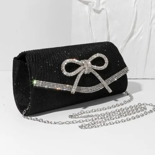 Vista 3 de Bolso de mano con lazo para mujer, de noche, brillante, con purpurina, para bodas, con brillos, de strass, para fiestas, de graduación, elegante