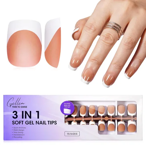Vista 13 de Gellen Uñas postizas a presión con punta francesa de almendra, color rosa