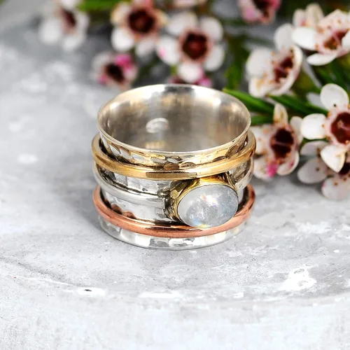Vista 4 de Boho-Magic Anillo giratorio de plata de ley 925 con piedra lunar para mujer con cobre y latón