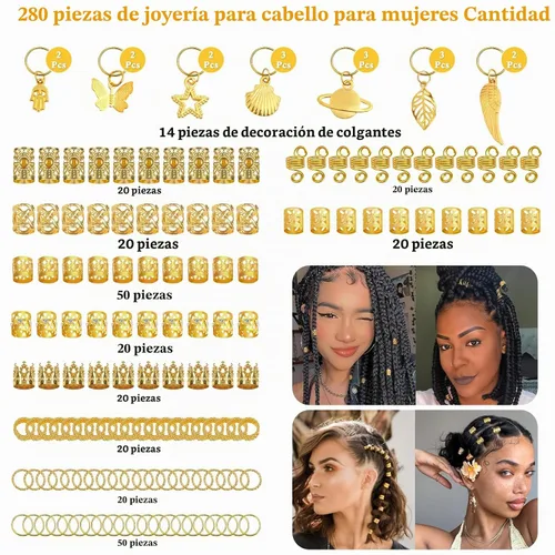 Vista 3 de 280 piezas de joyería para el cabello para mujer, dijes para el cabello, cuentas para trenzas, joyería para rastas, trenzas doradas ajustables