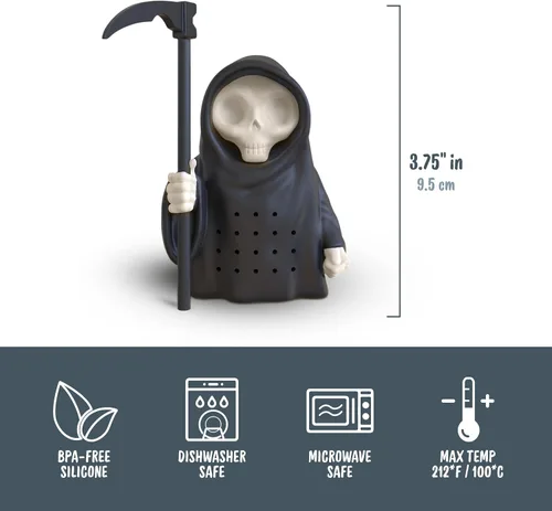 Vista 6 de Genuine Fred Grim Steeper - Infusor de té de silicona reutilizable, diseño de la parca negra, dispositivo de cocina divertido e inteligente