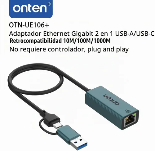 Vista 2 de Onten Adaptador USB-A y USB-C a Ethernet, RJ45 a USB C o USB A, adaptador de red LAN Gigabit Ethernet para Windows, Mac OS, iOS y más