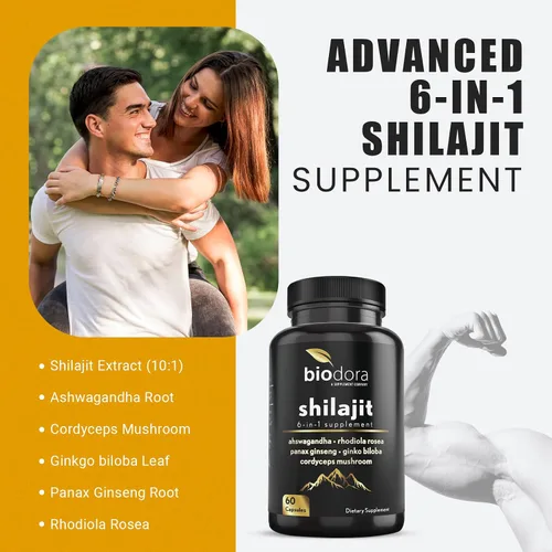 Vista 3 de Suplemento Shilajit 6 en 1 de 300 mg, suplemento de apoyo al estado de ánimo y energía con 60 mg de Ashwagandha pura, Rhodiola Rosea Panax Ginseng
