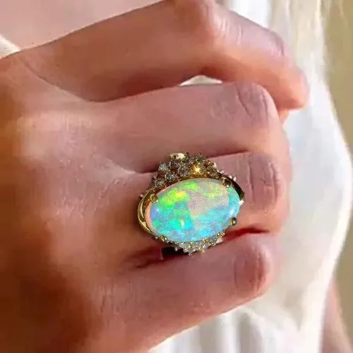 Vista 4 de Outsta Toys Anillo de piedra preciosa, anillo de ópalo de imitación de oro y diamante para mujer, anillo de diamante brillante con circonita cúbica