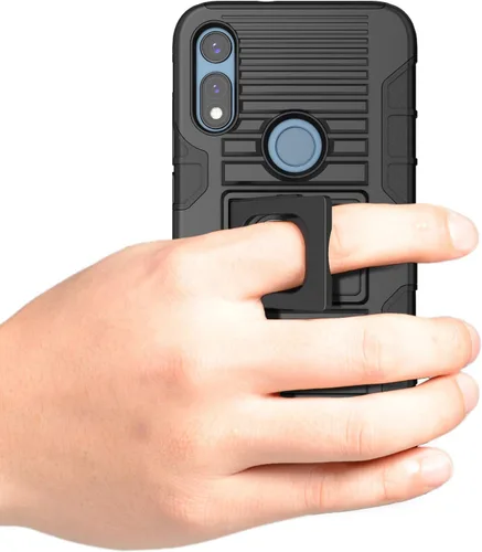 Vista 4 de Funda con clip para Moto E 2020, Nakedcellphone Black Rugged Cover [con soporte de agarre para dedos] + [placa de montaje integrada] +