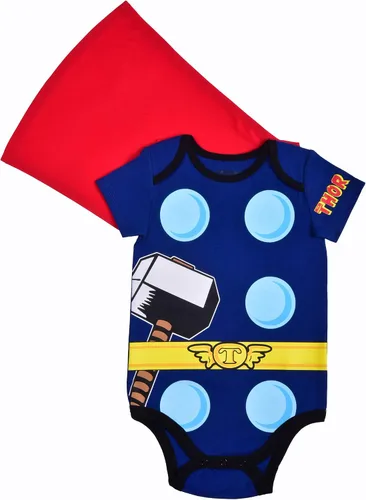 Vista 2 de Marvel Boys Superhero Short Sleeve Bodysuit and Cap Costume Set for Newborn and Infant Spider-ManThorCaptain AmericaHulkIron Man