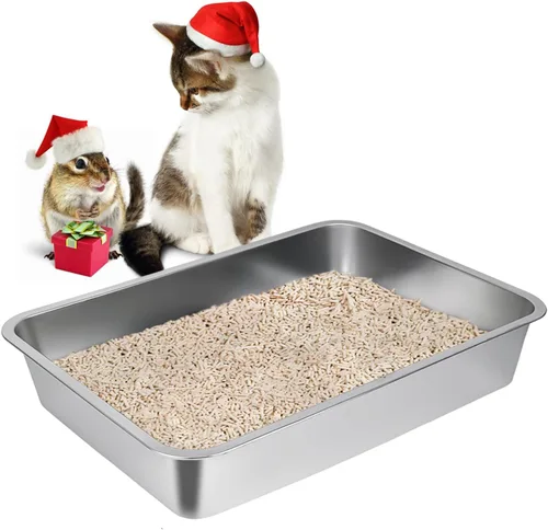 Vista 13 de Caja de arena para gatos de acero inoxidable, bandeja de arena de metal cubierta, bandejas de arena para gatos con lados altos, caja de arena