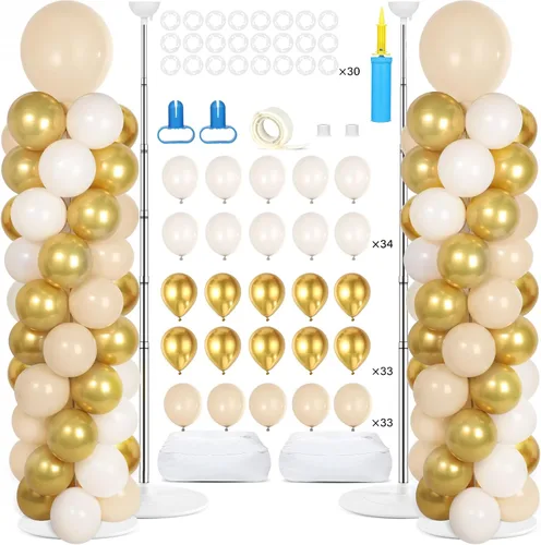 Vista 24 de Juego de 2 soportes de columna de globos plateados y blancos con 100 globos plateados con base para globos de confeti de suelo, kit de columna
