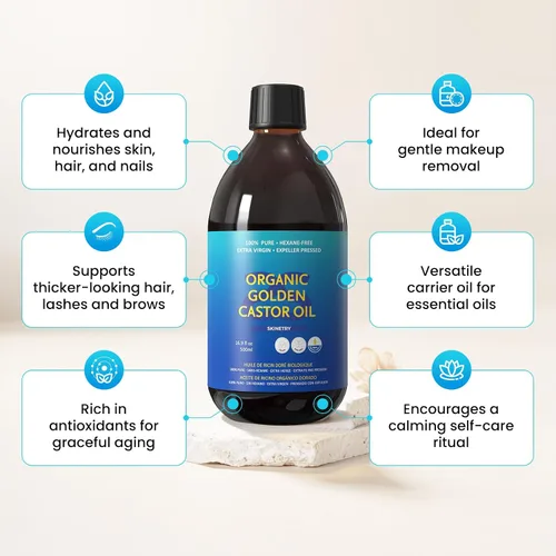 Vista 2 de Aceite de ricino dorado orgánico, 16.9 onzas, 100% puro para cabello, piel, uñas, cejas y pestañas, hidratación profunda y suavizado que promueve