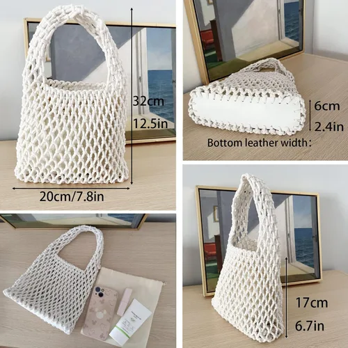 Vista 4 de Hixixi Mini bolso de mano de pesca con red de pesca, cuerda de algodón, cordón de ganchillo, bolsa de playa tejida para mujeres y niñas