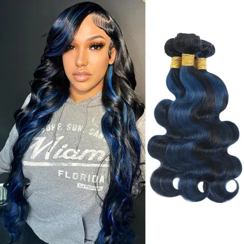 Vista 10 de Black Mix Blue Highlight Bundle Cabello humano ondulado 14 16 18 IN