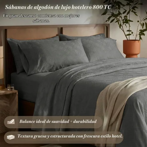 Vista 2 de Threadmill Sábanas para Cama Individual – 800 Número de Hilos Jacquard Celine Gris Oscuro, 100% Algodón Natural Juego de Cama de 3 Piezas a Rayas