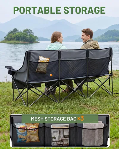 Vista 5 de Timber Ridge Silla de campamento acolchada para 3 personas con portavasos y bolsillos, sillas de campamento plegables para exteriores, capacidad