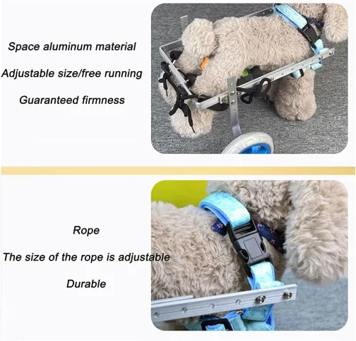 Vista 3 de Silla de ruedas ajustable para perros, silla de ruedas para patas traseras, aluminio ligero, silla de ruedas para 2 mascotas/perros, con ayuda