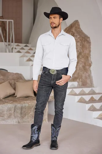 Vista 4 de COOFANDY Camisas vaqueras occidentales para hombre, de algodón, ajustadas, de manga larga, con botones y bolsillos