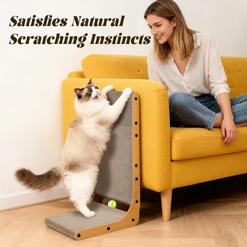 Vista 7 de PatiencET Rascador para gatos en forma de L, almohadilla de cartón de 26.8 pulgadas para gatos de interior, tablero vertical grande para rascar
