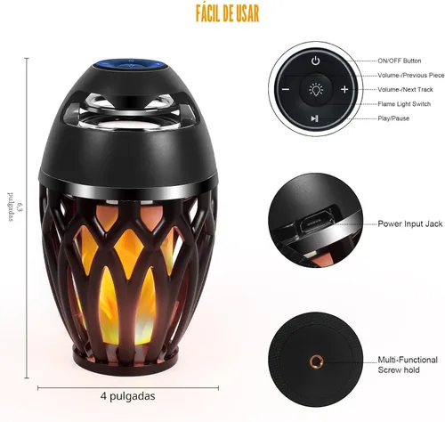 Vista 4 de Altavoces Bluetooth para exteriores, inalámbricos con llama LED, negro Diseño impermeable IPX5, Bluetooth 5.0, lámpara de llama LED, para fiesta