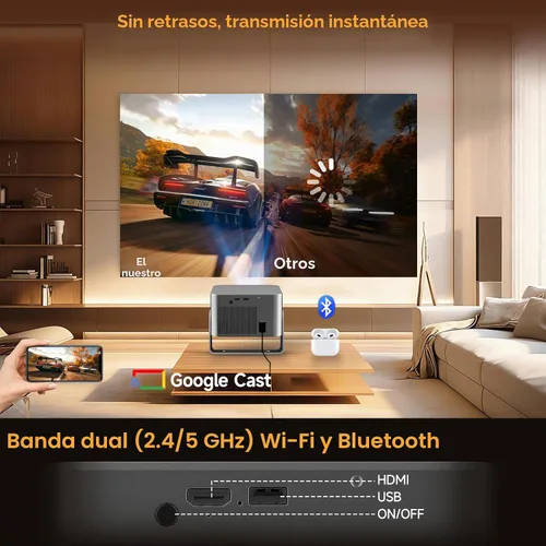 Vista 7 de Alwtniet Proyector HY350GT con Google TV, WiFi 6, Bluetooth 5.4, TV Stick 4K Support Portable Mini Projector, Auto Focus & Obstacle Avoidance, 650