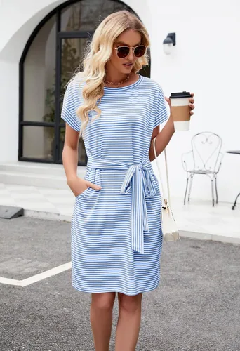 Vista 6 de MEROKEETY - Vestido de verano con manga corta, a rayas, casual, estilo camiseta, con lazo en la cintura y bolsillos, para mujer