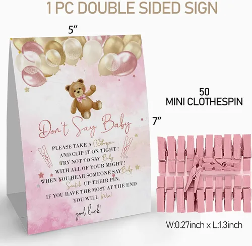 Vista 3 de Cartel de juego Don't Say Baby Clothespin (1 letrero + 50 mini pinzas para la ropa), juego de decoración de baby shower con globo de oso rosa rosa
