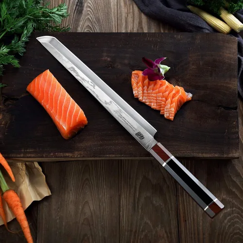 Vista 6 de Cuchillo Sakimaru de la Serie Prestige con Funda de Nogal, Hoja de Acero Damasco Japonés SKD11, Mango Octagonal de Madera de Ébano, Cuchillo