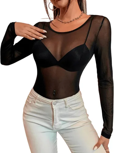 Vista 4 de Verdusa Body de malla transparente de manga larga con cuello redondo para mujer