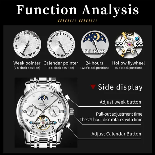 Vista 8 de OLEVS Reloj automático (no requiere batería) Relojes de pulsera para hombre, relojes mecánicos de cuerda automática, reloj clásico de esqueleto