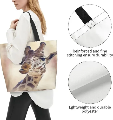 Vista 5 de Bolso de hombro para mujer, divertido bolso de viaje con cara de jirafa, bolsa de almacenamiento reutilizable con asa