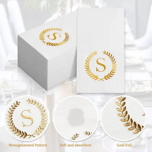 Vista 4 de Paquete de 200 servilletas desechables con monograma de papel de aluminio dorado con letra S, toallas de papel desechables para boda, compromiso