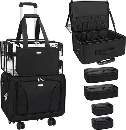 Vista 10 de MONSTINA Estuche de tren de maquillaje rodante, estuche de cosmetología sobre ruedas, bolsa de maquillaje para artista, cosméticos profesionales