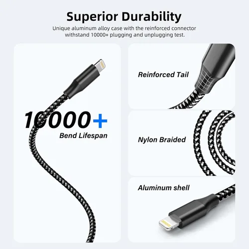 Vista 5 de Cable de carga para iPhone de carga rápida, paquete de 3 unidades de 10 pies, cable Lightning certificado MFi de Apple, cable de carga para iPhone