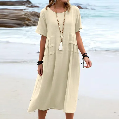 Vista 3 de XUNRYAN Vestidos de lino 2023 para mujer, vestido midi holgado casual de verano por debajo de la rodilla, holgado, holgado, cómodo, vestido de playa